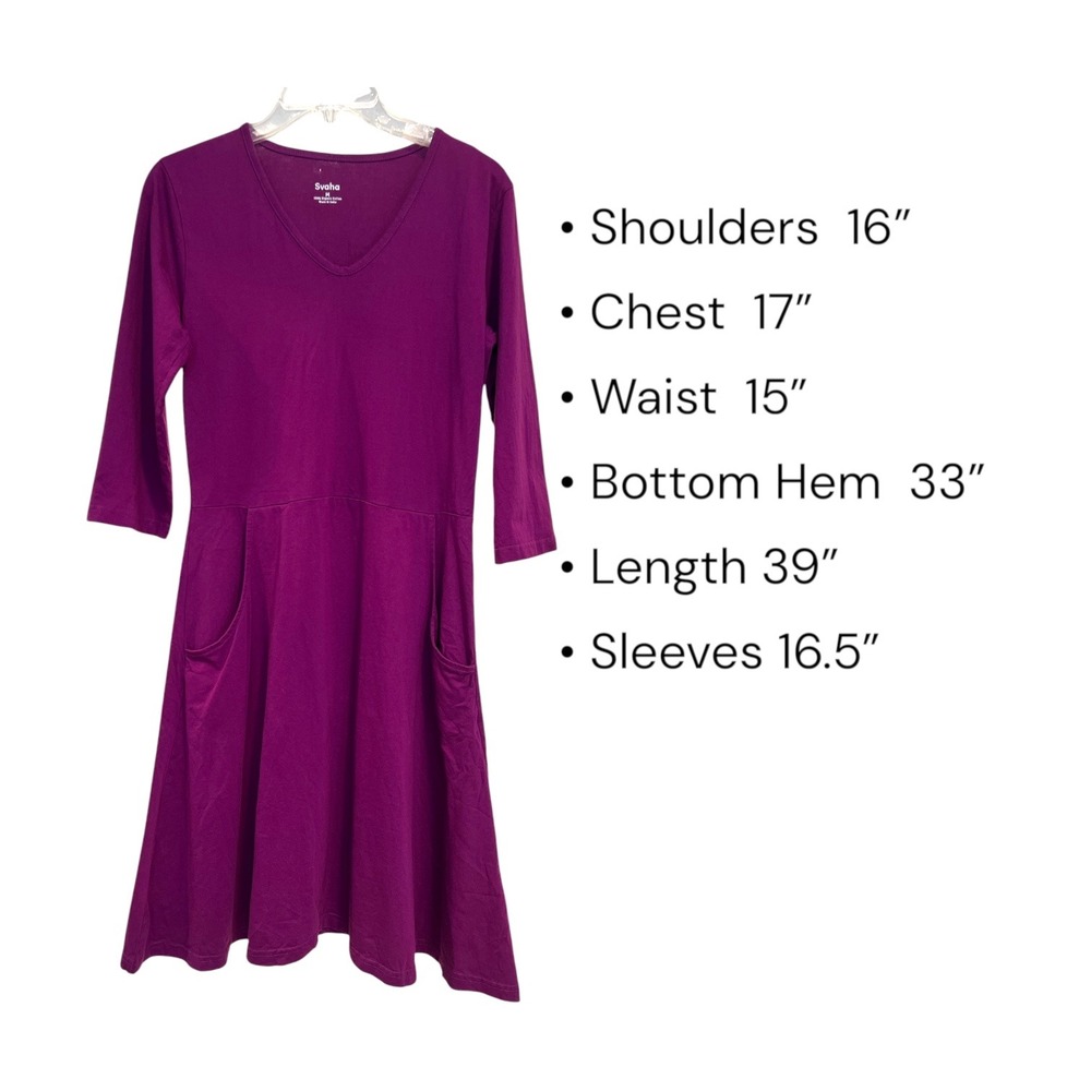 Svaha Organic Cotton Dress M Purple Plum Fit Flare Midi Pockets Cottagecore - Picture 3 of 8